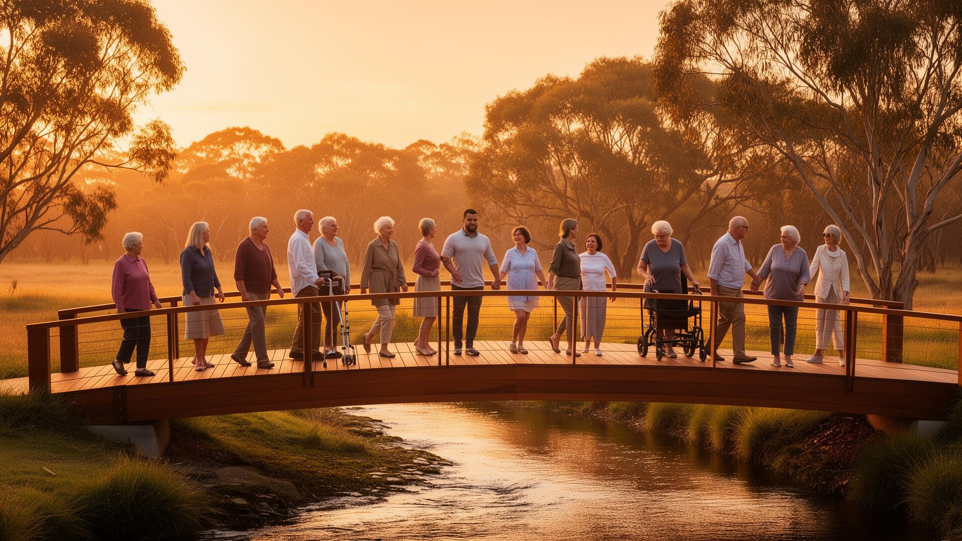 Diverse participants walking across a bridge at sunrise